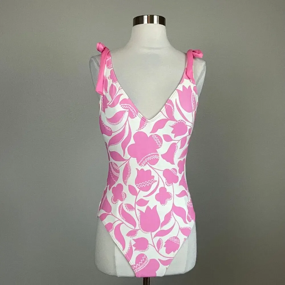 Kate Spade Pink and White Bathing Suit Floral One-Piece Scoop Back Size Medium - Picture 2 of 11